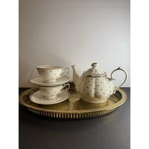 Grace Teaware Polka Dot Tea Set Teapot 2 Cups Saucers White Gold